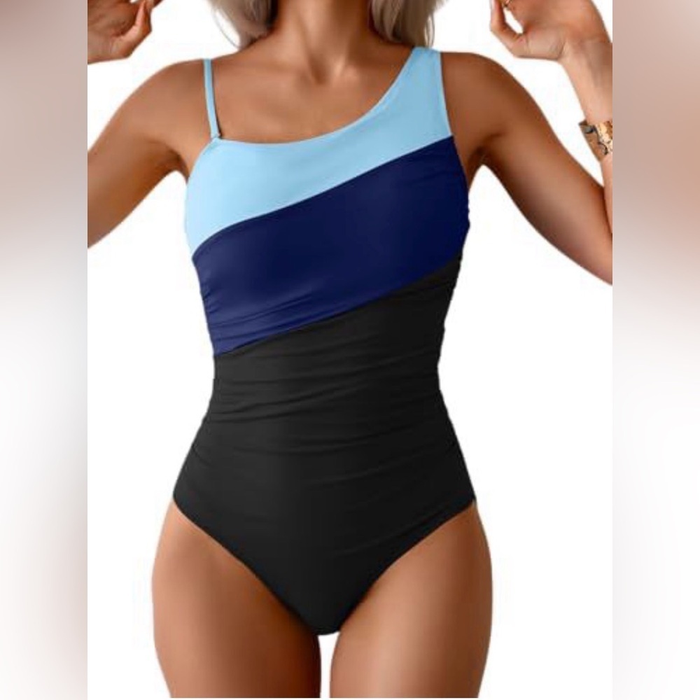 NWT Aidonger Blue & Black One Shoulder One-Piece Swimsuit - Size Large
